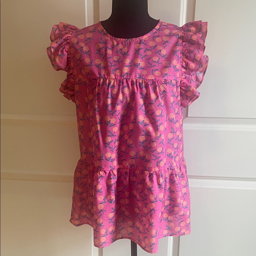 Anthropologie THML Ruffle Sleeve Pink Floral Blouse Size Medium